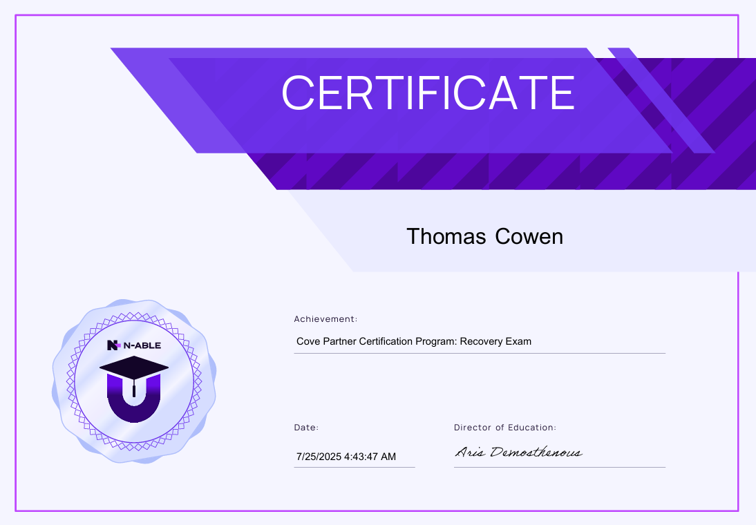 Cove Partner Certification Program: Recovery Exam badge
